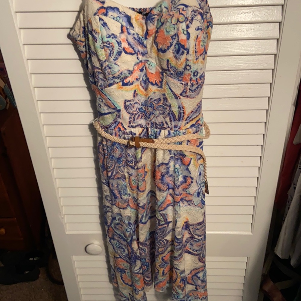 Spaghetti strap short floral dress with a belt